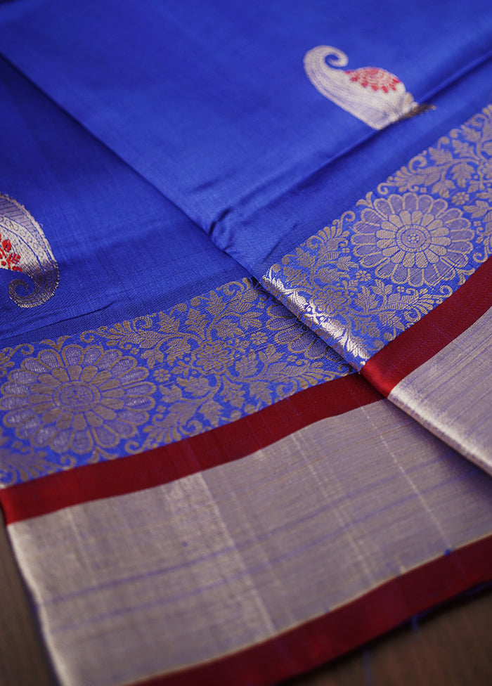 Blue Garad Pure Silk Saree Without Blouse Piece