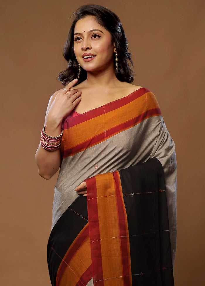 Grey Pure Khadi Cotton Saree With Blouse Piece - Indian Silk House Agencies