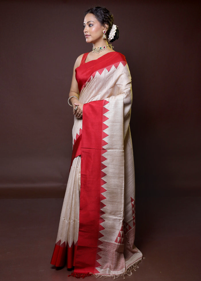 Cream Handloom Matka Pure Silk Saree With Blouse Piece