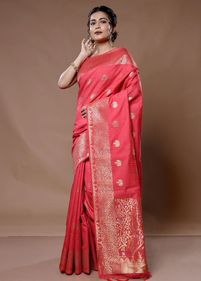 Red Dupion Silk Saree With Blouse Piece