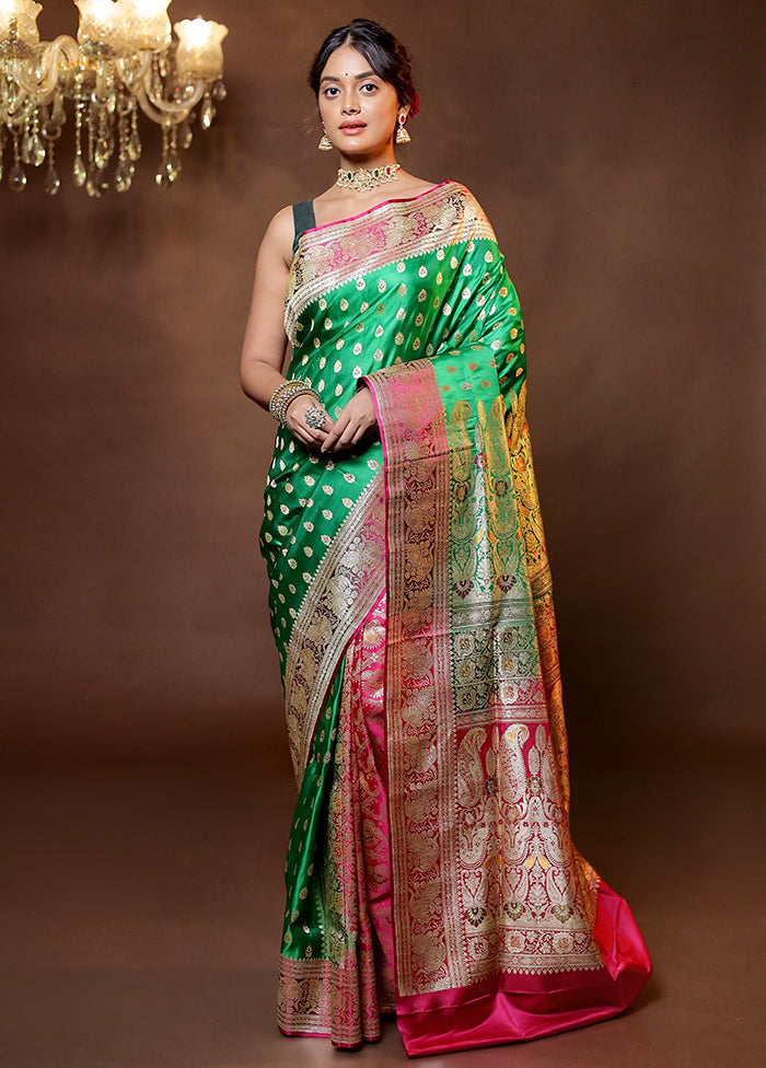 Green Handloom Banarasi Pure Silk Saree With Blouse Piece