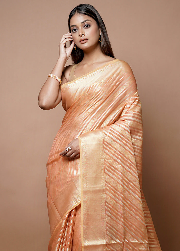 Peach Kora Silk Saree With Blouse Piece