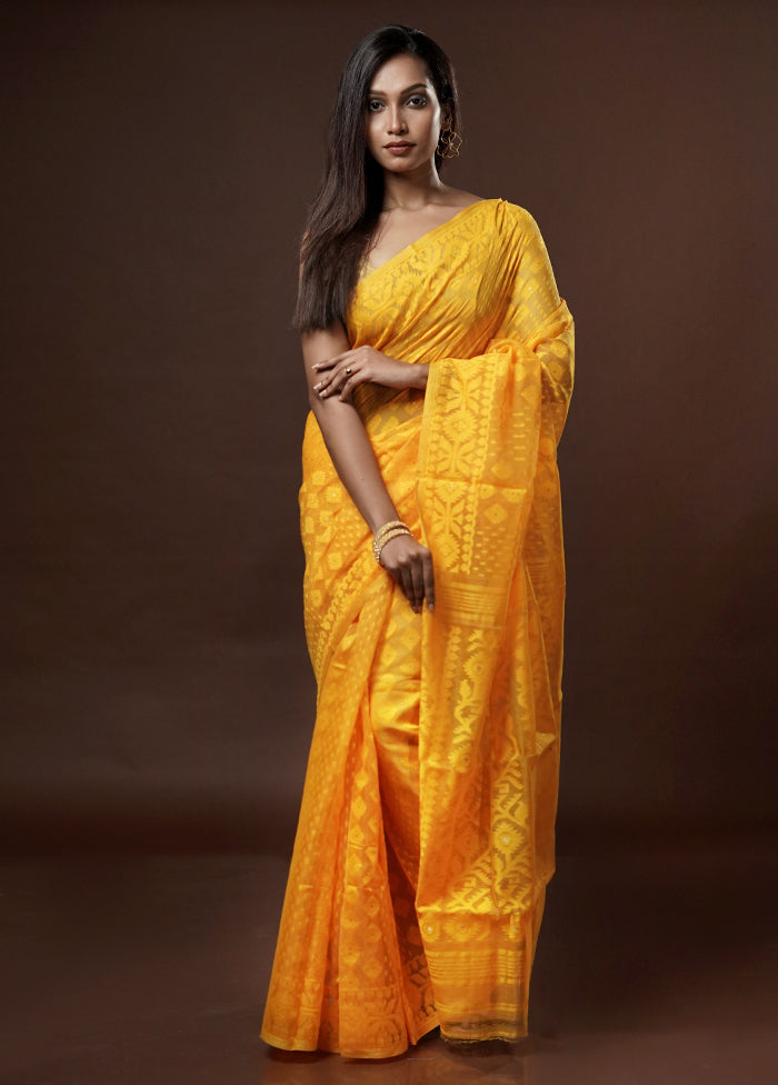 Yellow Pure Cotton Saree With Blouse Piece