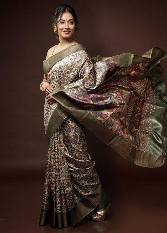 Cream Tussar Silk Saree With Blouse Piece - Indian Silk House Agencies