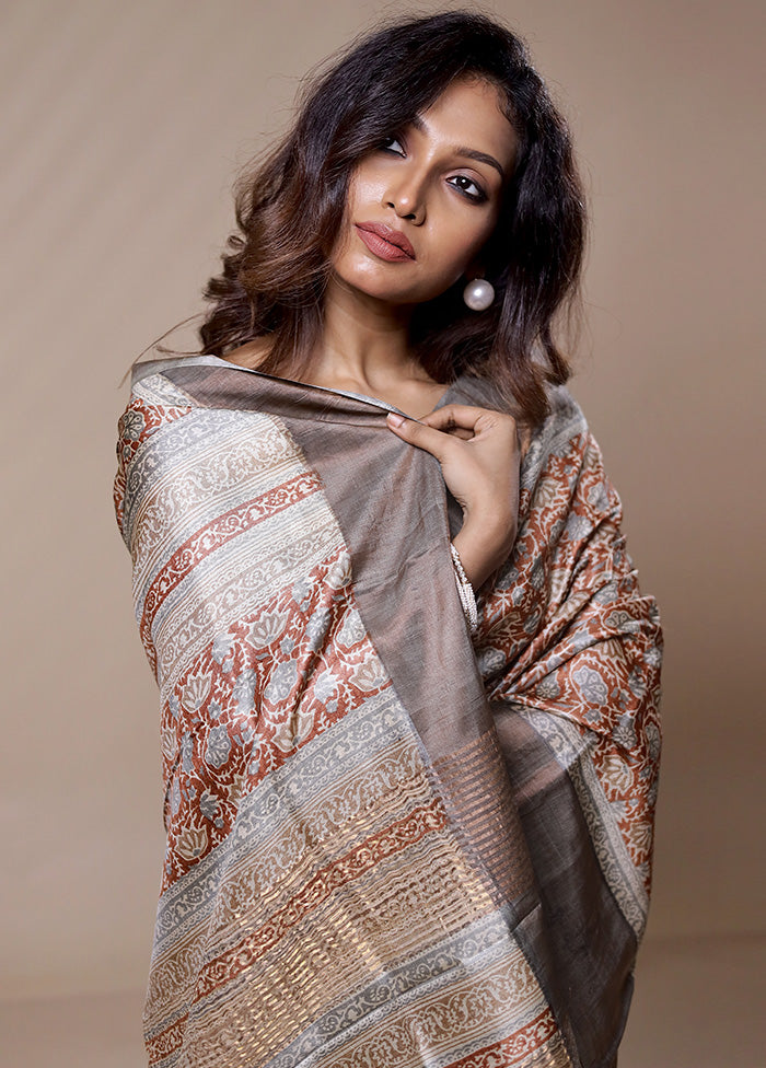 Brown Tussar Silk Saree Without Blouse Piece - Indian Silk House Agencies