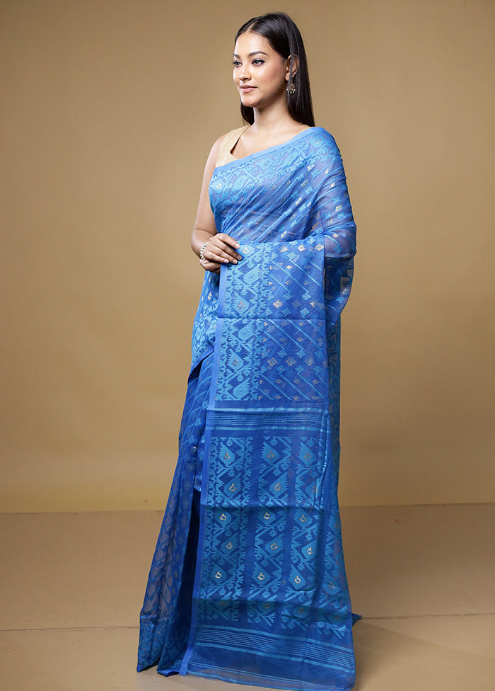Blue Jamdani Cotton Saree Without Blouse Piece