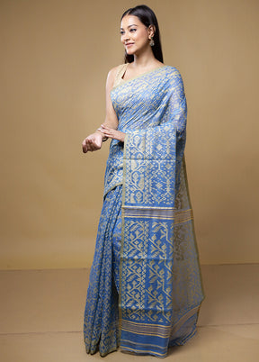 Blue Jamdani Cotton Saree Without Blouse Piece