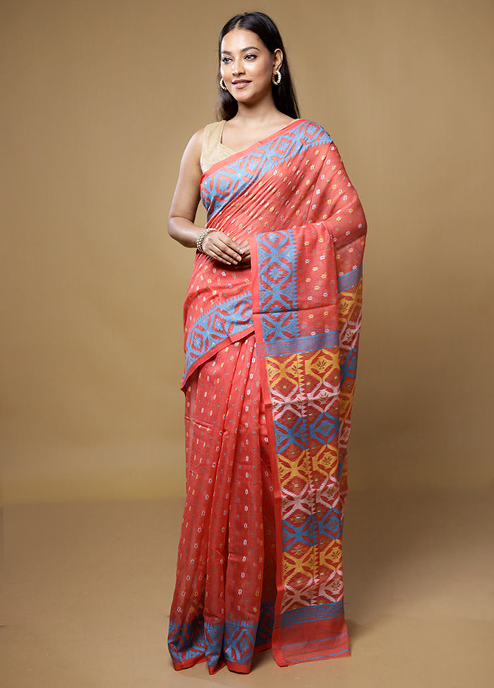 Pink Jamdani Cotton Saree Without Blouse Piece