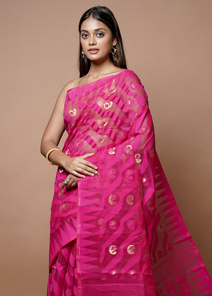 Pink Jamdani Cotton Saree Without Blouse Piece