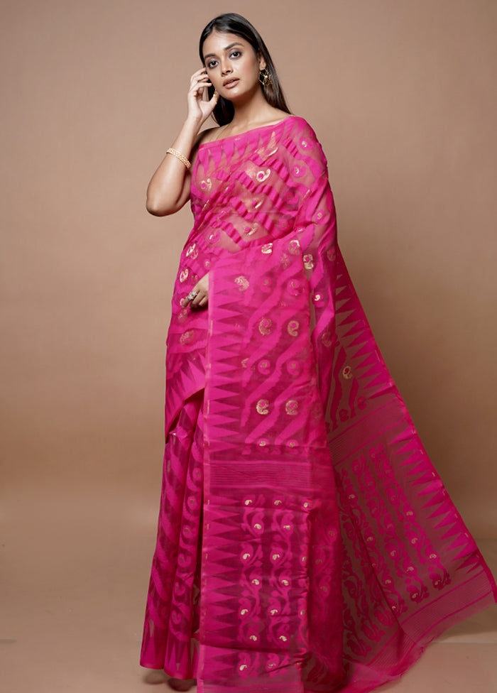 Pink Jamdani Cotton Saree Without Blouse Piece