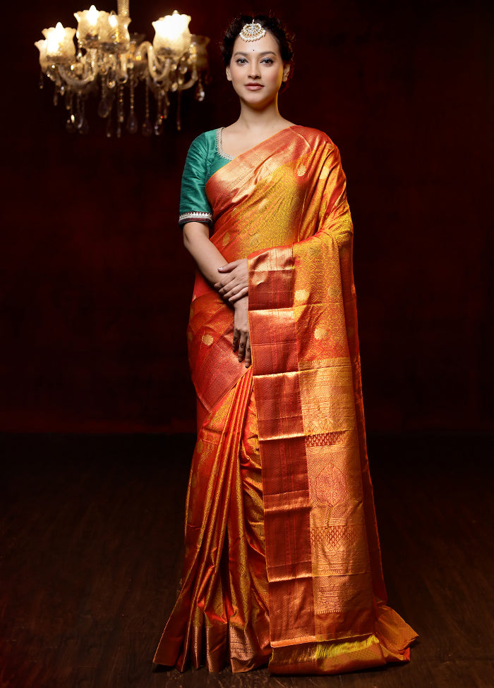 Yellow Handloom Kanchipuram Pure Silk Saree With Blouse Piece - Indian Silk House Agencies