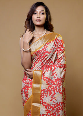 Red Printed Silk Saree Without Blouse Piece