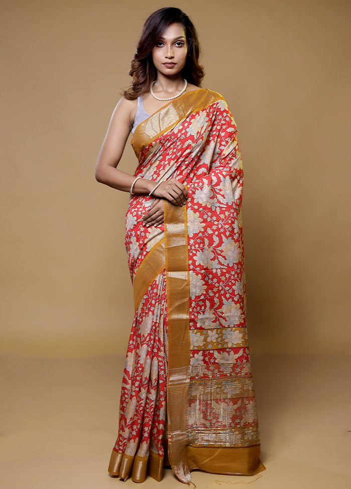 Red Printed Silk Saree Without Blouse Piece