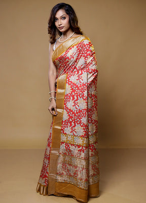 Red Printed Silk Saree Without Blouse Piece