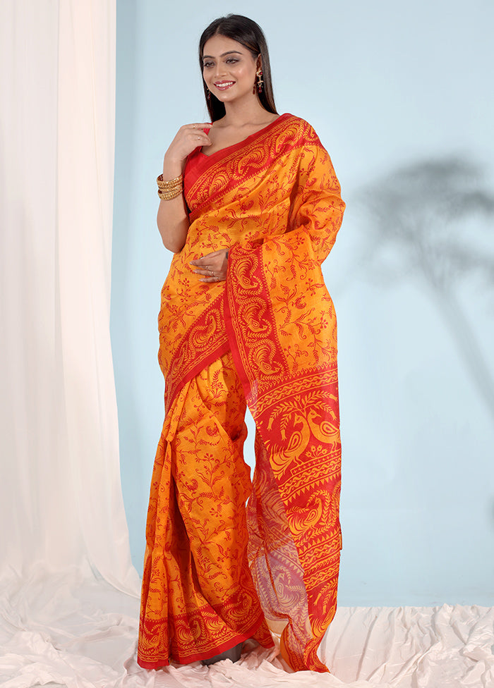 Yellow Printed Pure Silk Saree With Blouse Piece