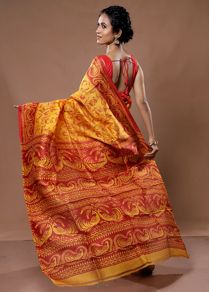 Yellow Printed Pure Silk Saree With Blouse Piece