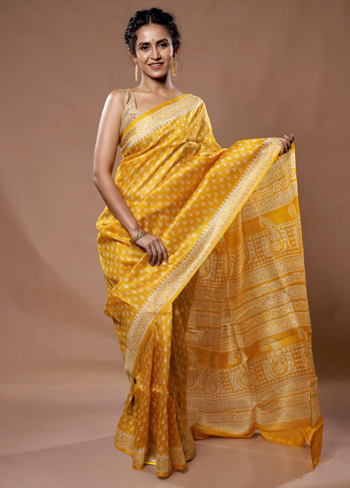 Yellow Printed Pure Silk Saree With Blouse Piece