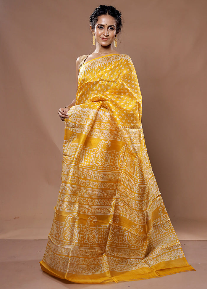 Yellow Printed Pure Silk Saree With Blouse Piece - Indian Silk House Agencies