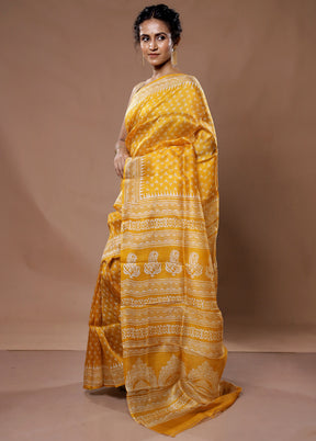 Yellow Printed Pure Silk Saree With Blouse Piece - Indian Silk House Agencies