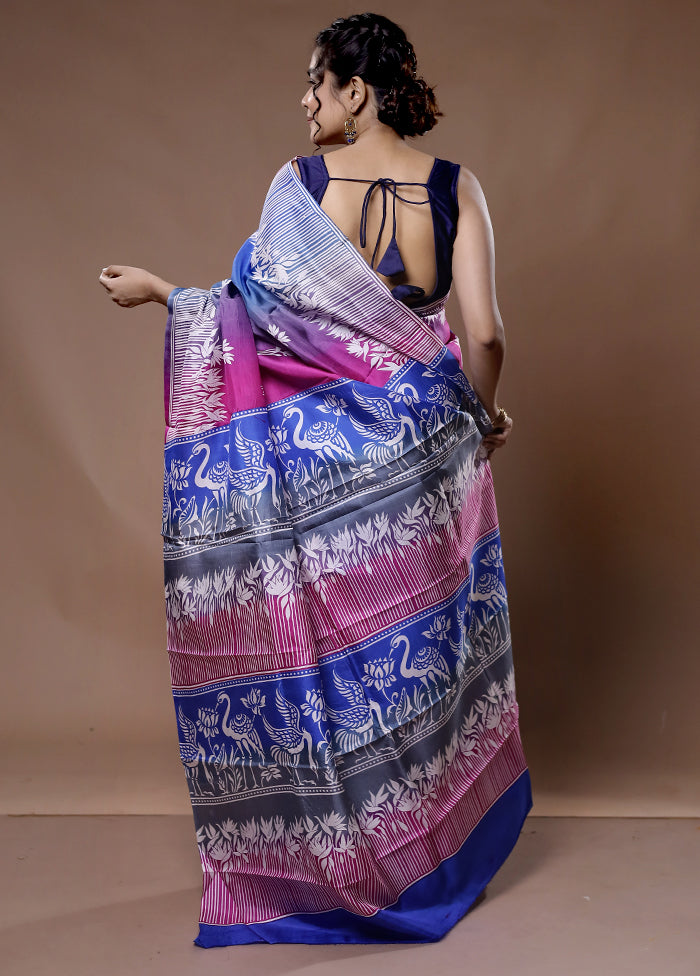 Multicolor Printed Pure Silk Saree With Blouse Piece