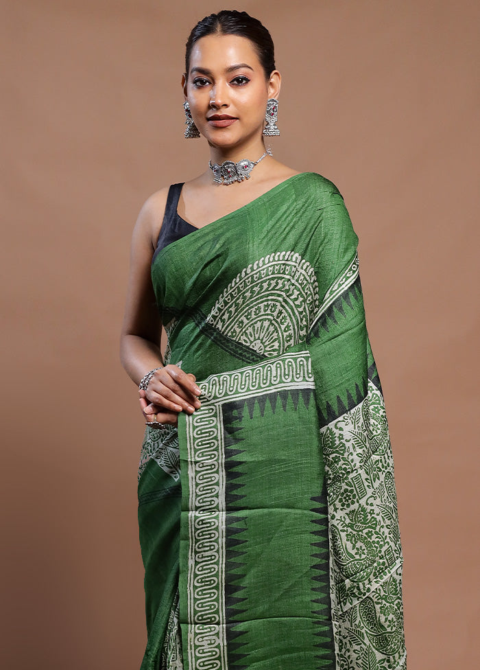 Green Tussar Silk Saree With Blouse Piece