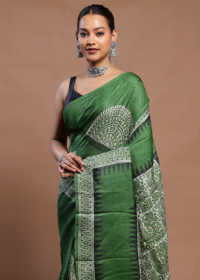 Green Tussar Silk Saree With Blouse Piece