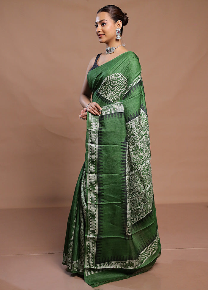 Green Tussar Silk Saree With Blouse Piece