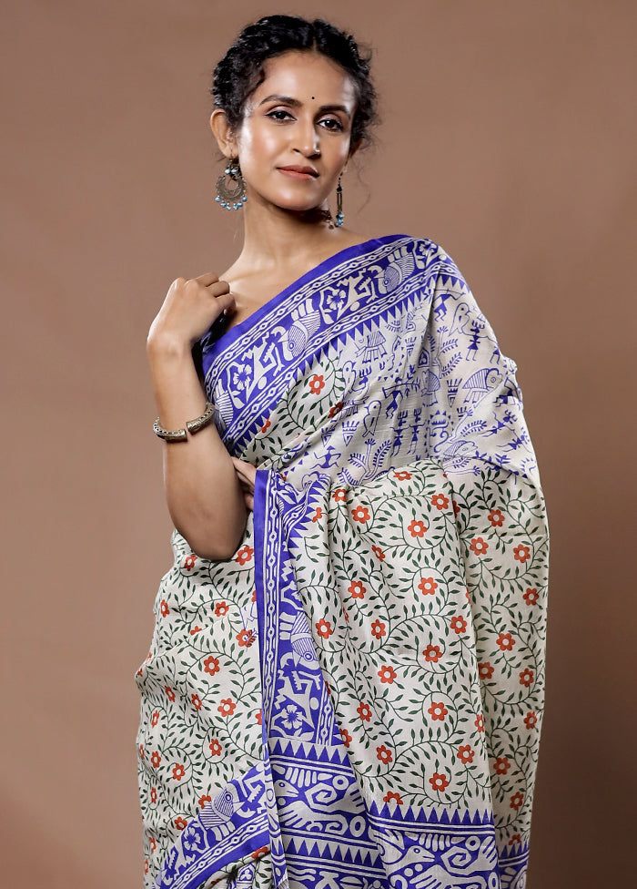 Cream Printed Pure Silk Saree With Blouse Piece