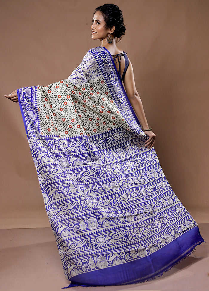 Cream Printed Pure Silk Saree With Blouse Piece