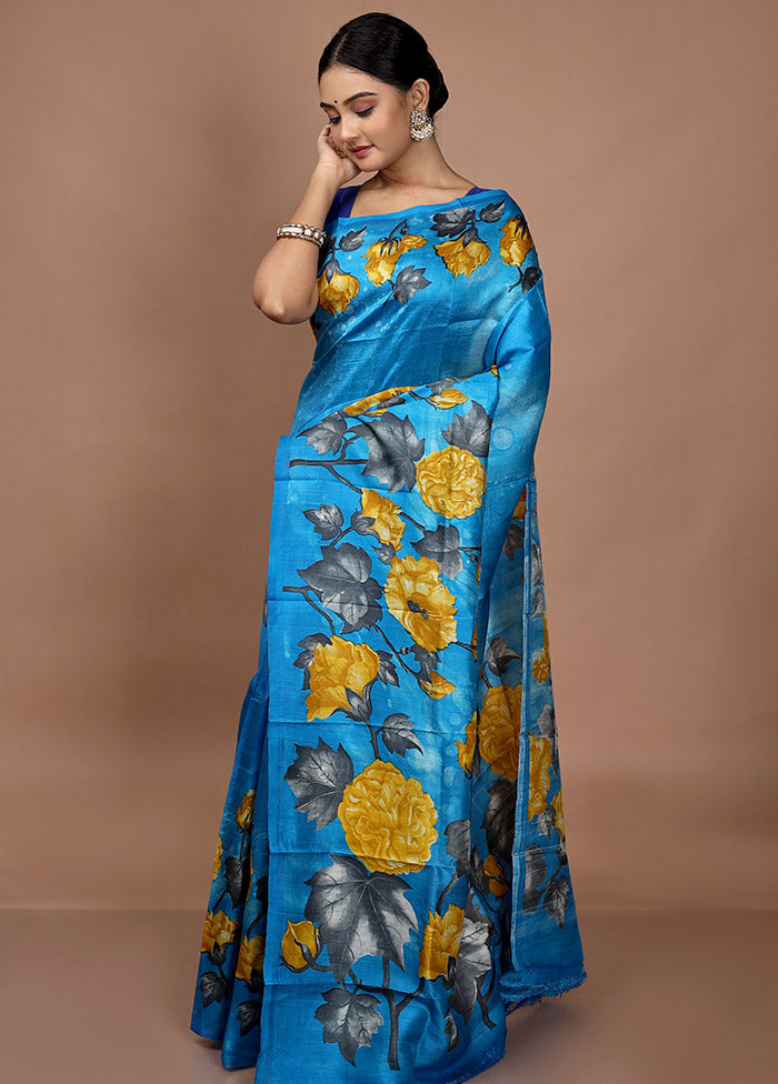 Sky Blue Printed Pure Silk Saree With Blouse Piece - Indian Silk House Agencies