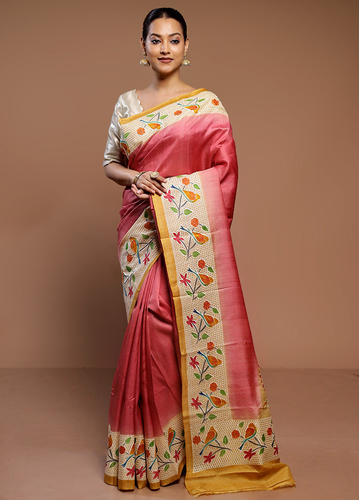 Peach Handloom Tussar Pure Silk Saree With Blouse Piece