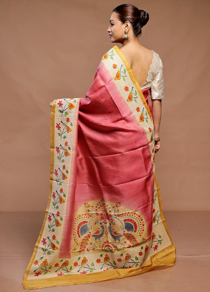 Peach Handloom Tussar Pure Silk Saree With Blouse Piece