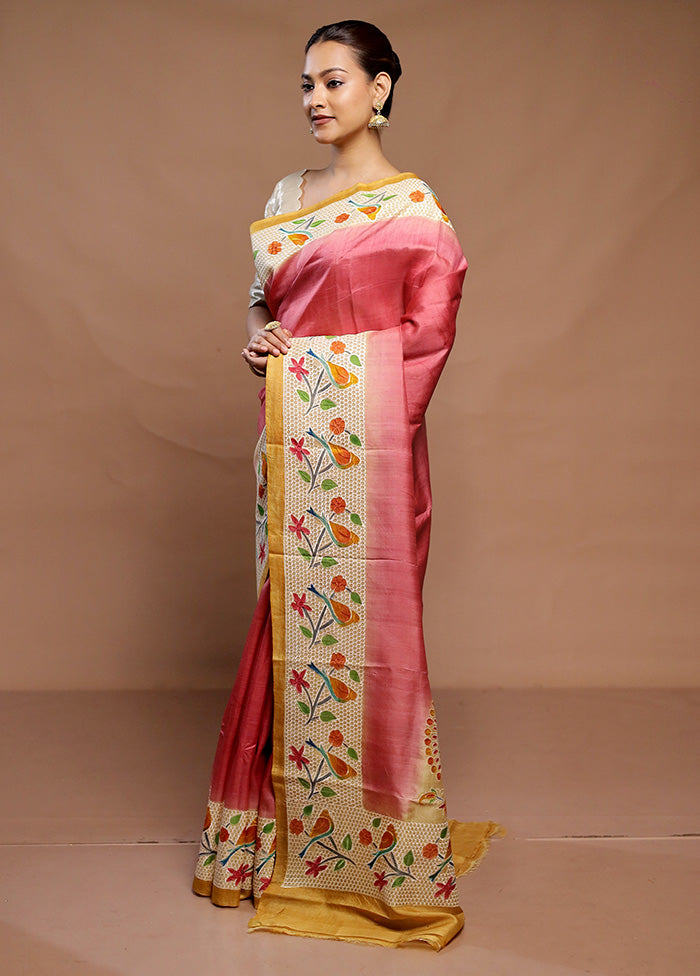 Peach Handloom Tussar Pure Silk Saree With Blouse Piece