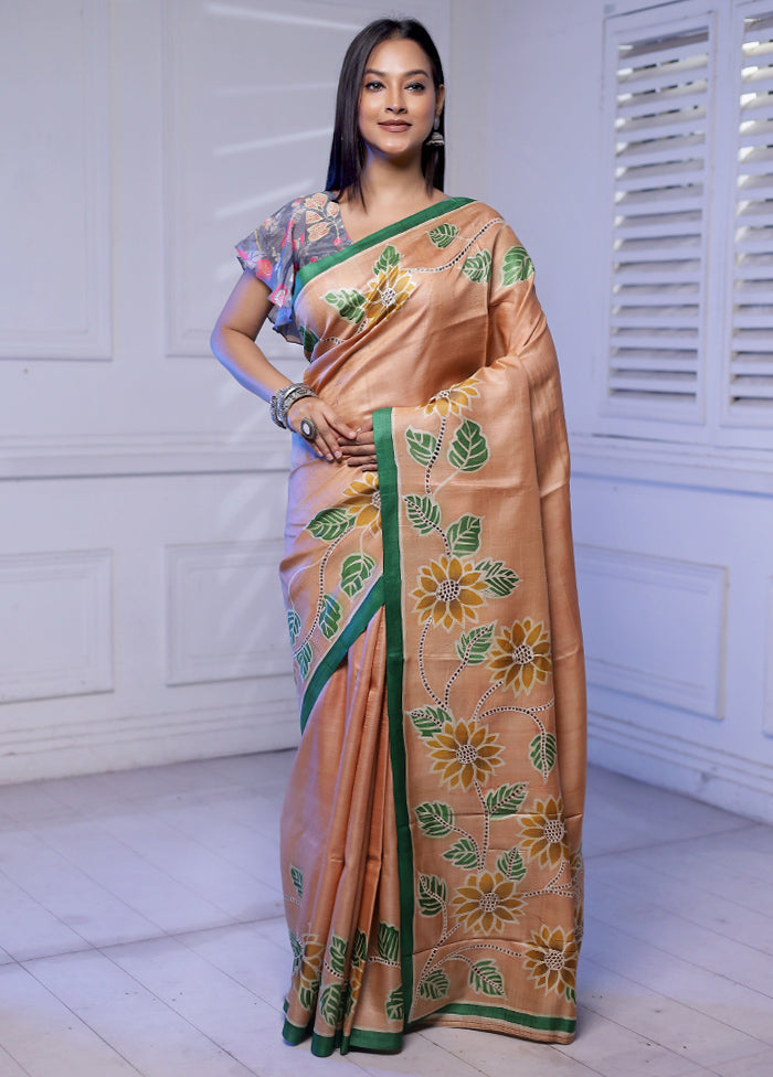 Rust Handloom Tussar Pure Silk Saree With Blouse Piece