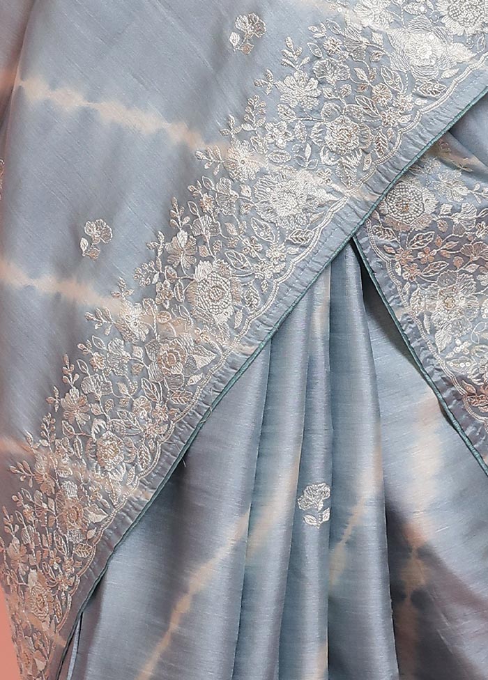 Grey Embroidered Pure Tussar Silk Saree With Blouse Piece - Indian Silk House Agencies