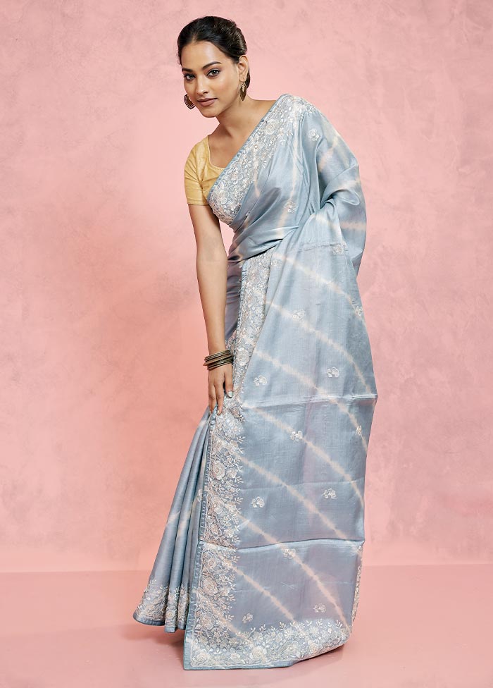 Grey Embroidered Pure Tussar Silk Saree With Blouse Piece - Indian Silk House Agencies