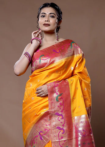 Orange Paithani Kanjivaram Silk Saree With Blouse Piece