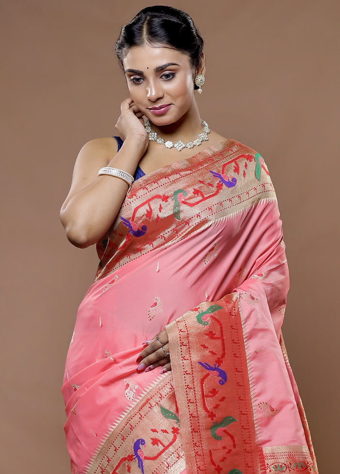 Pink Paithani Kanjivaram Silk Saree With Blouse Piece