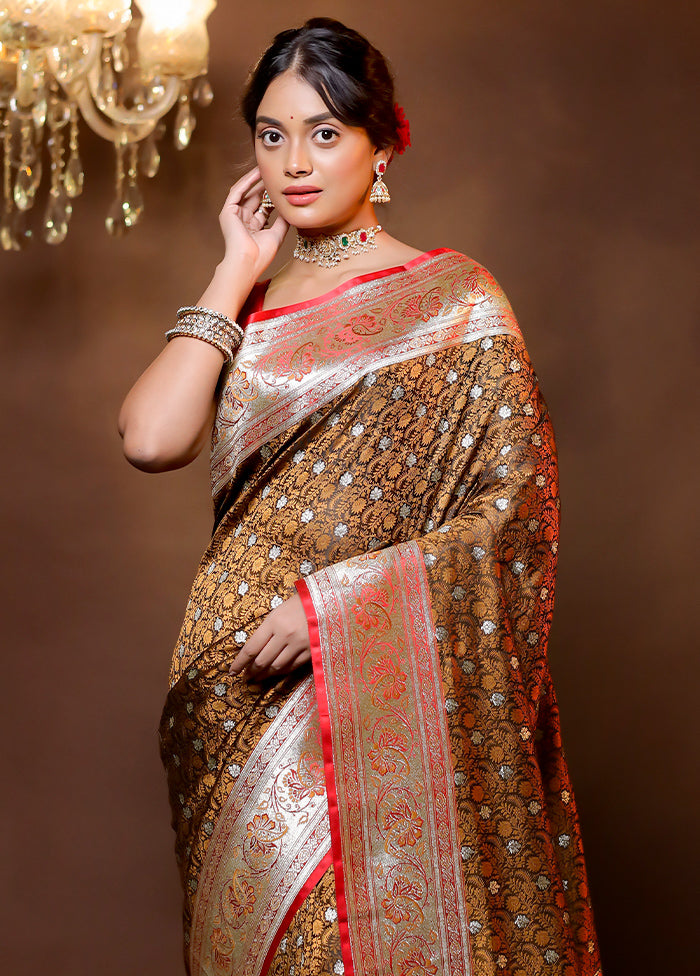 Brown Tanchoi Silk Saree With Blouse Piece