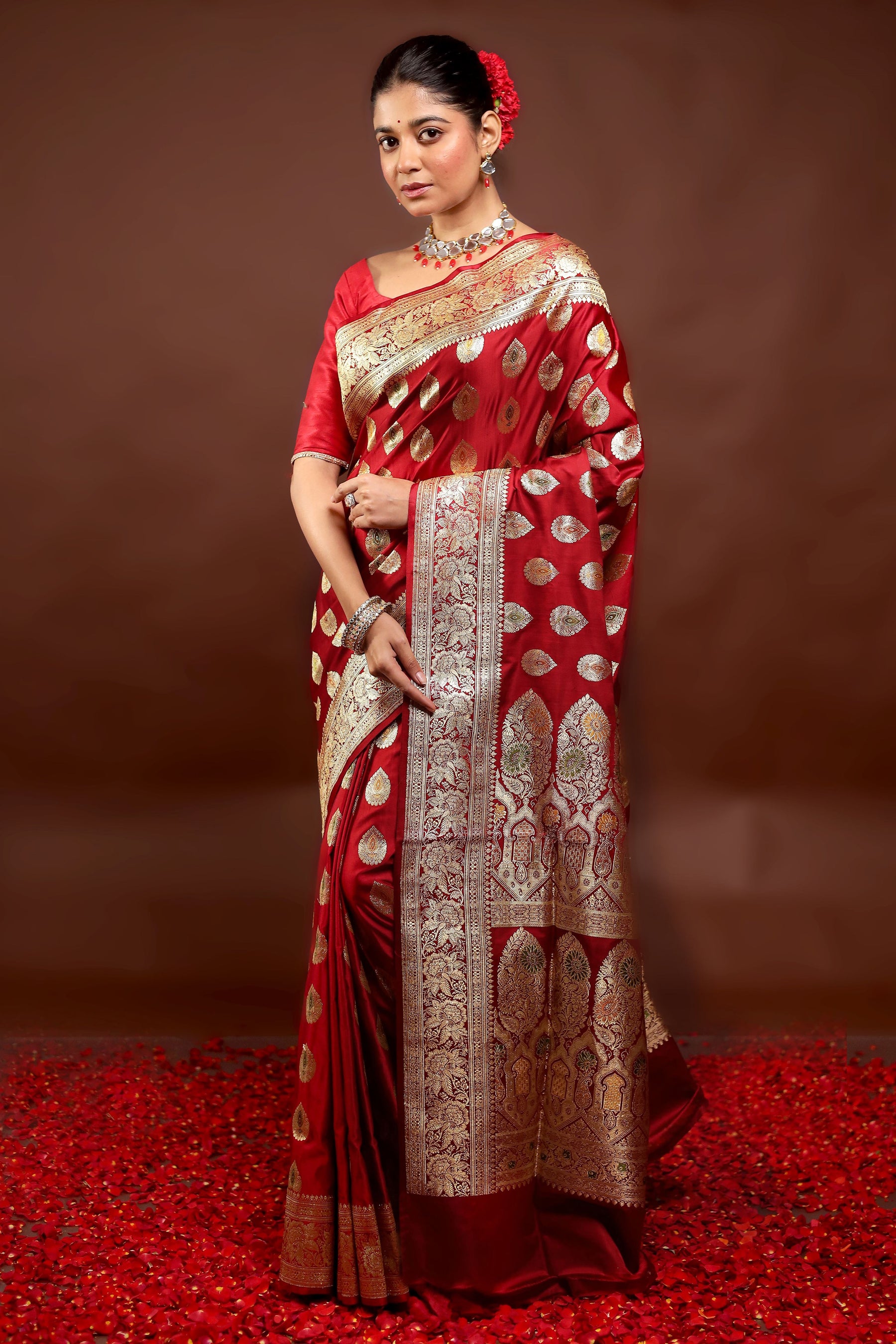 Red Handloom Banarasi Pure Silk Saree With Blouse Piece