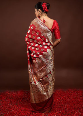 Red Handloom Banarasi Pure Silk Saree With Blouse Piece