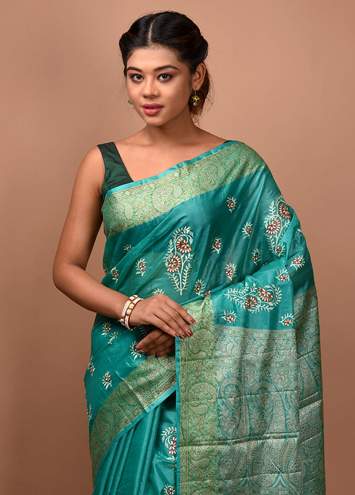Peacock Green Tussar Silk Saree With Blouse Piece - Indian Silk House Agencies