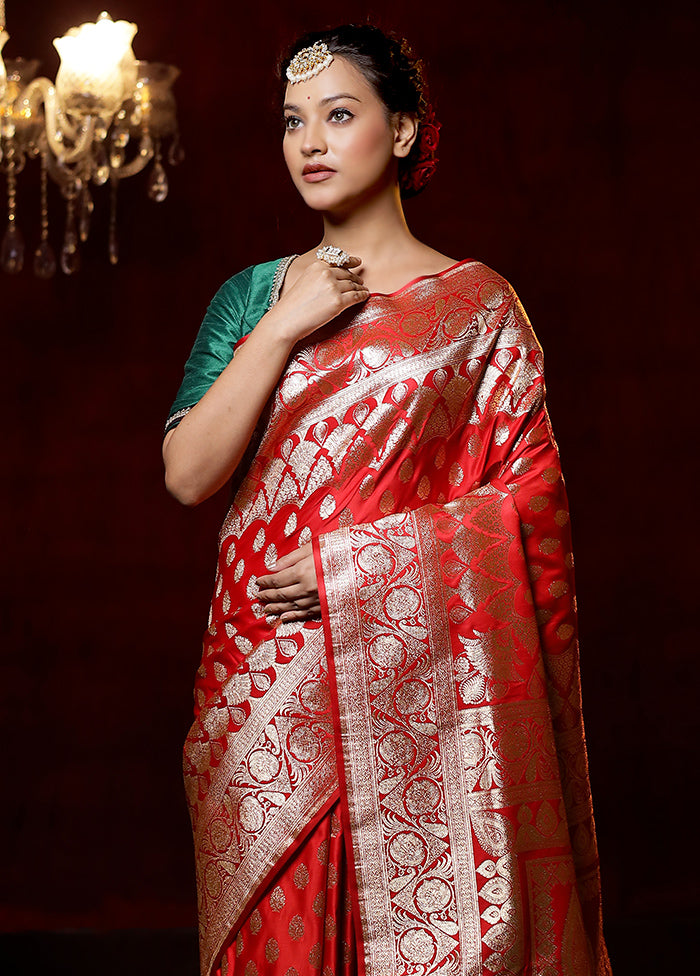 Red Banarasi Silk Saree With Blouse Piece - Indian Silk House Agencies