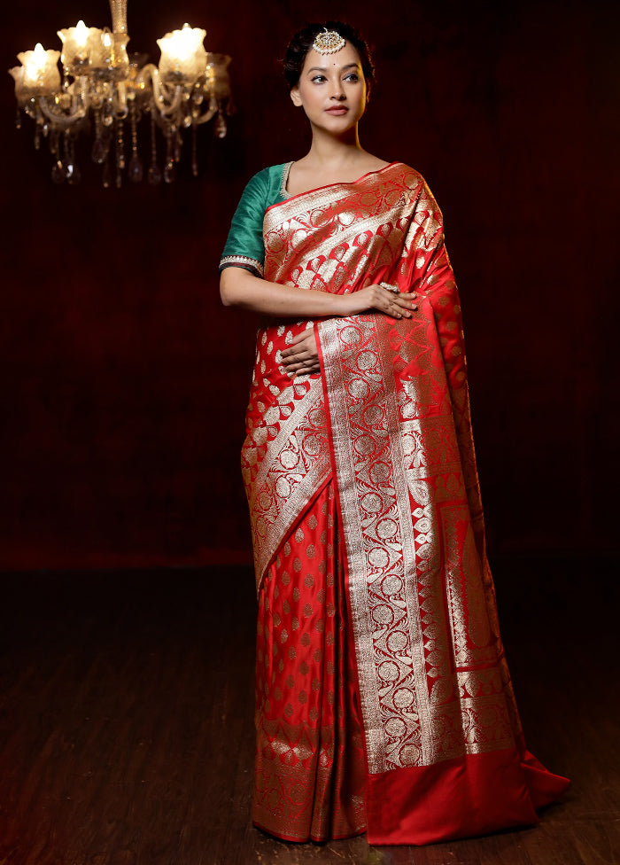 Red Banarasi Silk Saree With Blouse Piece - Indian Silk House Agencies