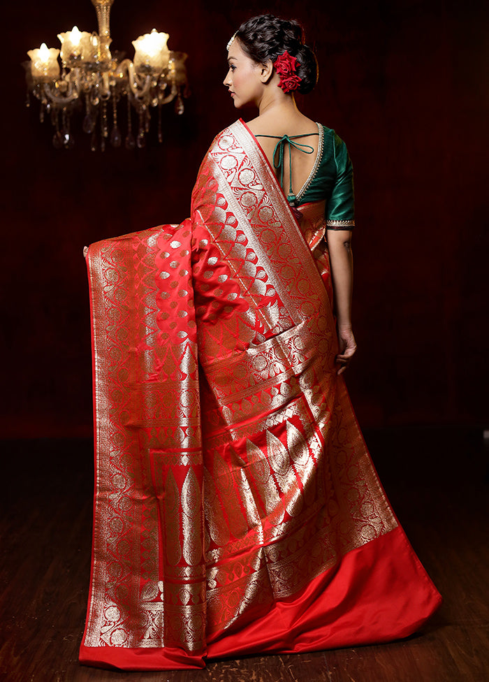 Red Banarasi Silk Saree With Blouse Piece - Indian Silk House Agencies