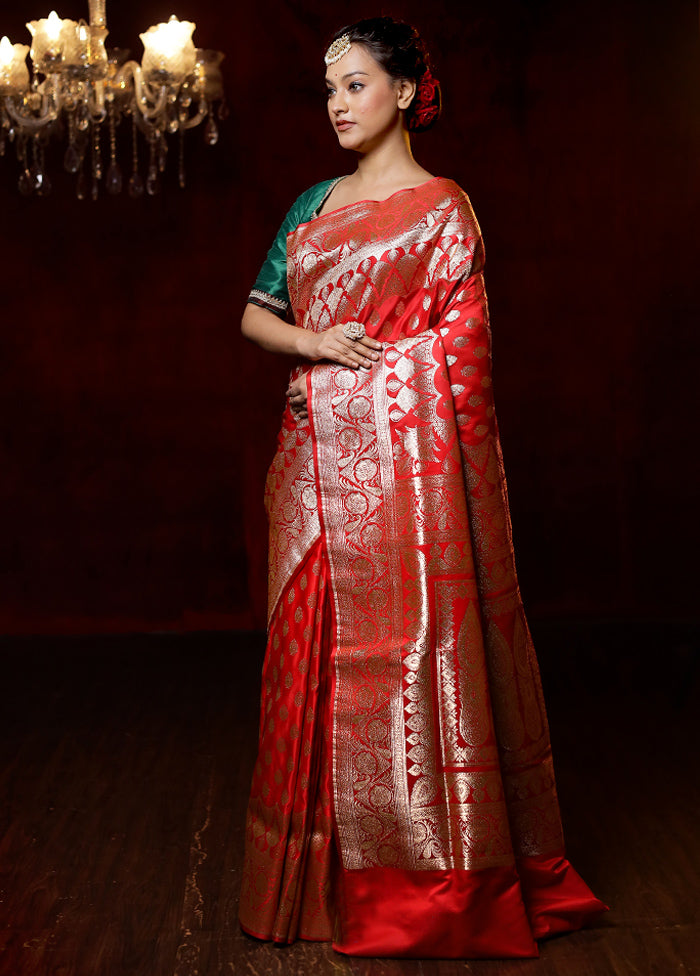 Red Banarasi Silk Saree With Blouse Piece - Indian Silk House Agencies