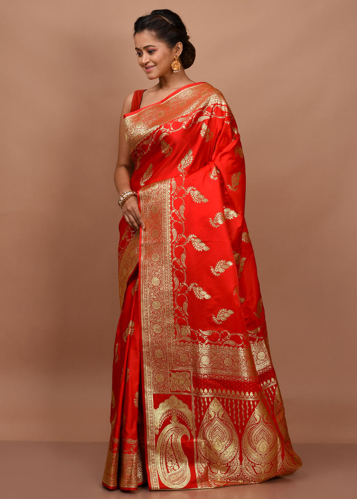 Red Banarasi Silk Saree With Blouse Piece