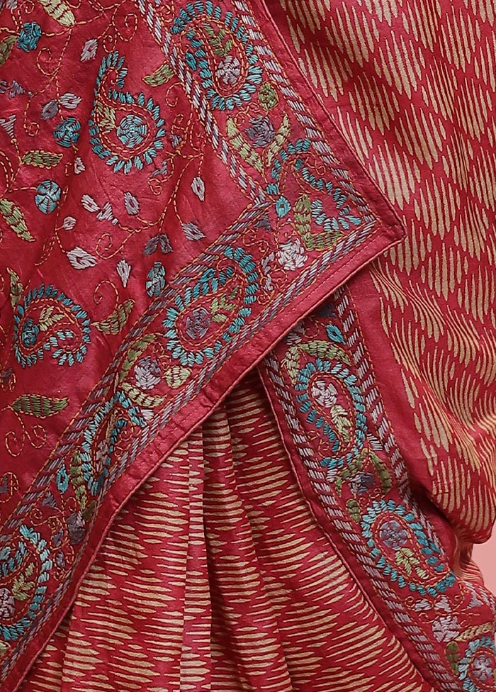 Pink Embroidered Pure Tussar Silk Saree With Blouse Piece - Indian Silk House Agencies