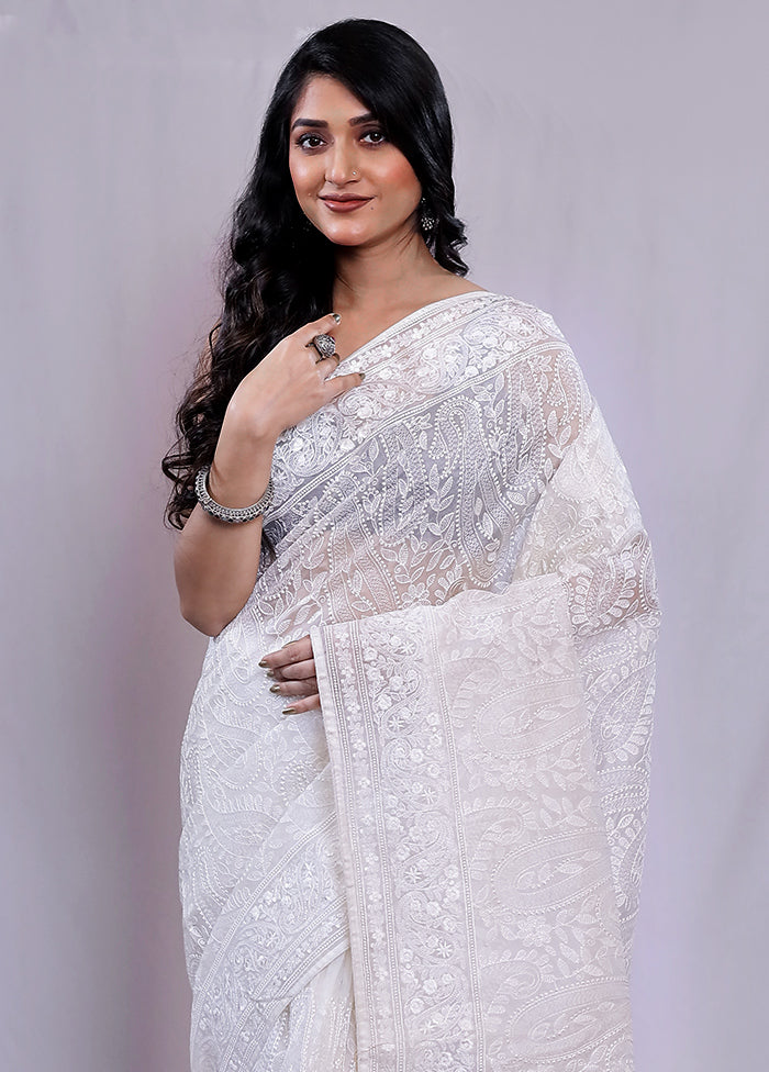 White Pure Organza Saree With Blouse Piece - Indian Silk House Agencies