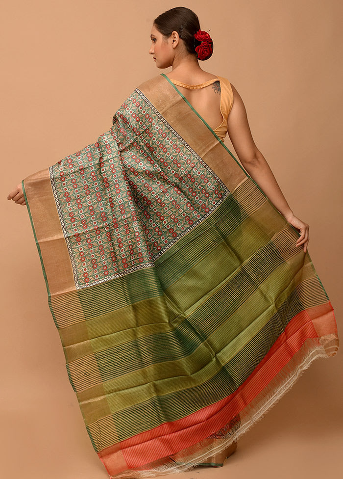 Green Tussar Silk Saree With Blouse Piece - Indian Silk House Agencies